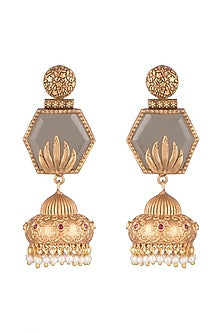 Gold Finish Faux Pearls & Grey Stone Earrings