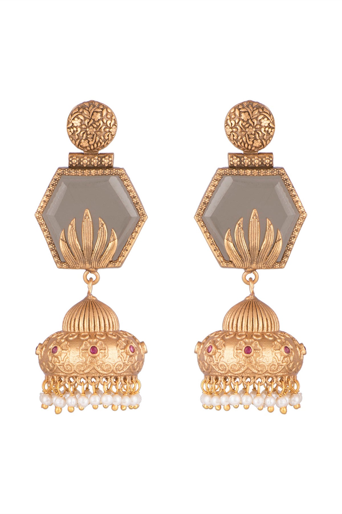 Gold Finish Faux Pearls & Grey Stone Earrings