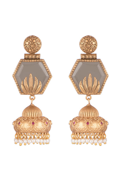 Gold Finish Faux Pearls & Grey Stone Earrings