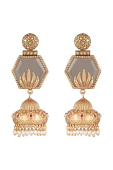 Gold Finish Faux Pearls & Grey Stone Earrings