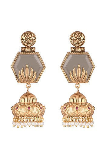 Gold Finish Faux Pearls & Grey Stone Earrings