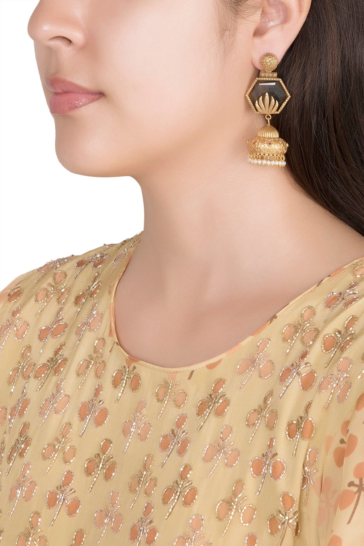 Gold Finish Faux Pearls & Grey Stone Earrings