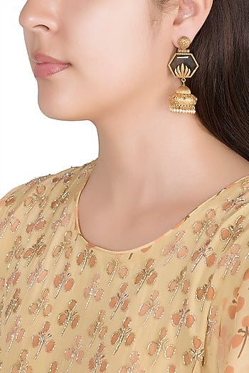 Gold Finish Faux Pearls & Grey Stone Earrings