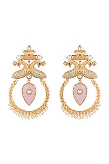 Gold Finish Kundan Polki & Pink Stone Enameled Earrings