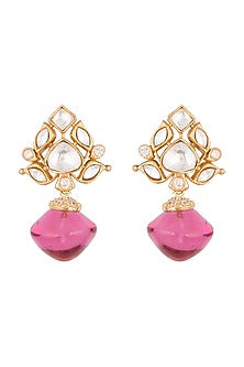 Gold Finish Kundan Polki & Red Stone Earrings