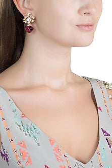 Gold Finish Kundan Polki & Red Stone Earrings