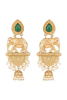 Gold Finish Faux Pearl & Green Stone Earrings