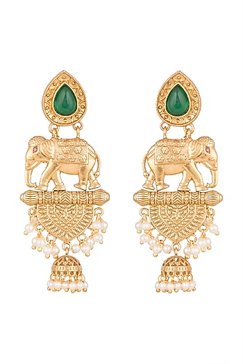Gold Finish Faux Pearl & Green Stone Earrings