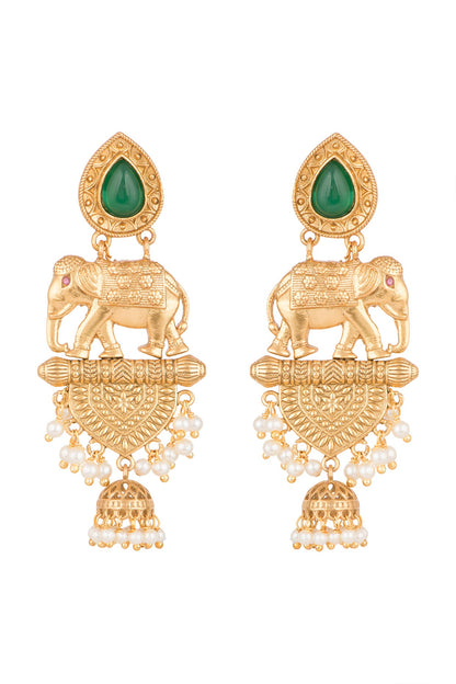 Gold Finish Faux Pearl & Green Stone Earrings