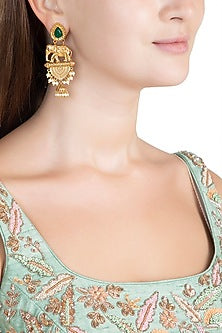 Gold Finish Faux Pearl & Green Stone Earrings