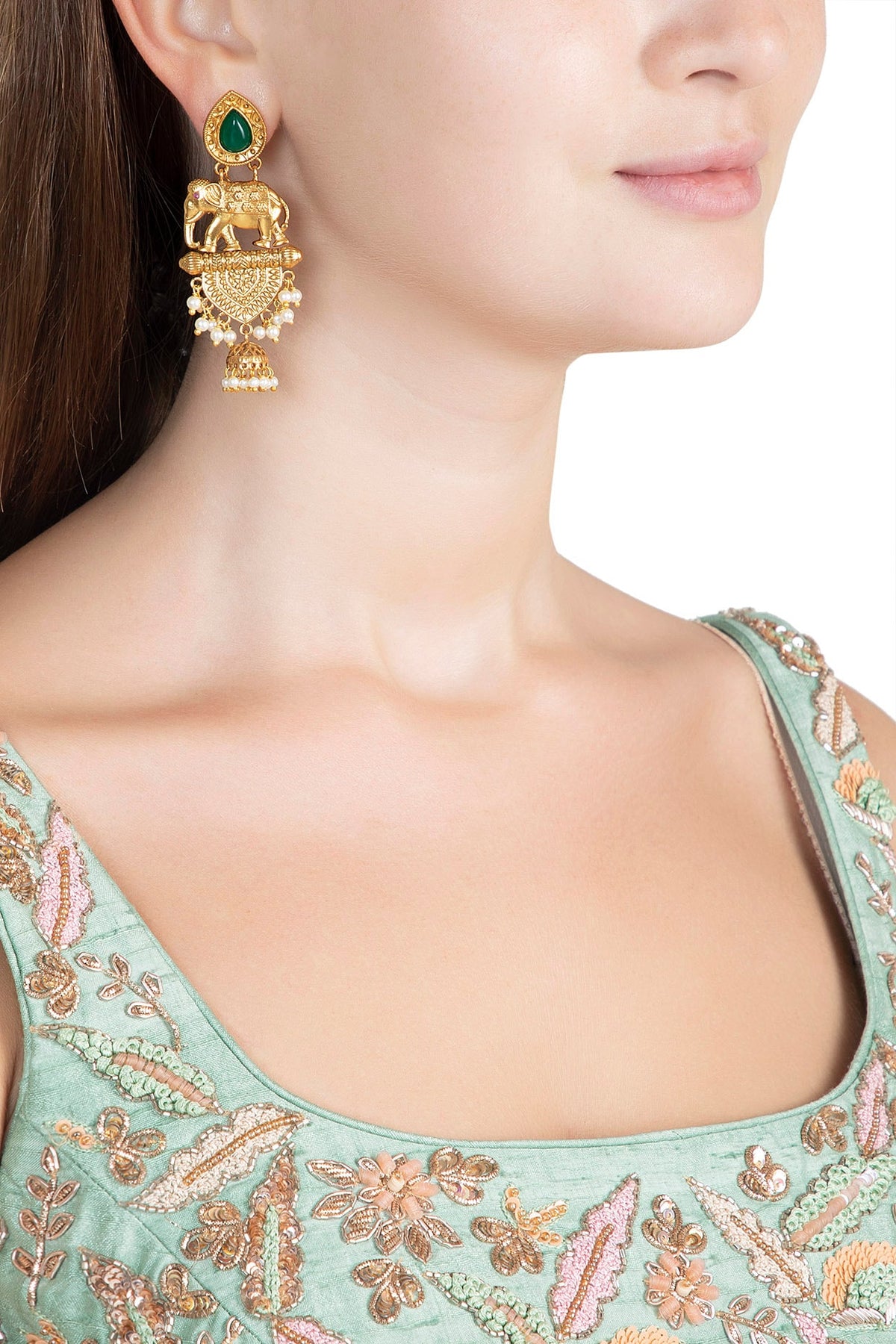 Gold Finish Faux Pearl & Green Stone Earrings