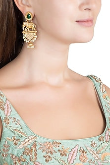 Gold Finish Faux Pearl & Green Stone Earrings