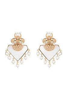 Gold Finish Faux Pearl & White Stones Earrings