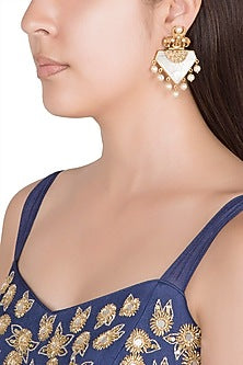 Gold Finish Faux Pearl & White Stones Earrings