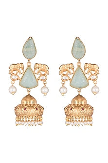 Gold Finish Faux Pearl & Turquoise Stone Earrings