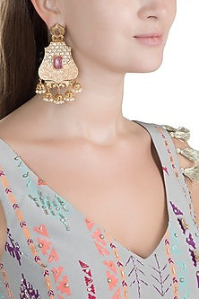 Gold Finish Kundan Polki & Pearl Earrings