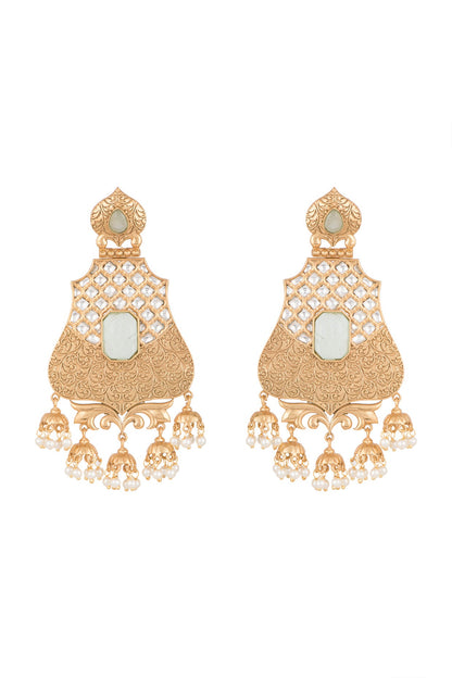 Gold Finish Kundan Polki & Light Blue Stone Earrings
