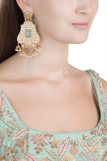 Gold Finish Kundan Polki & Light Blue Stone Earrings