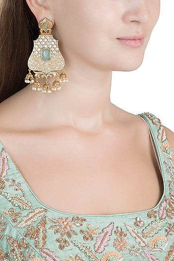 Gold Finish Kundan Polki & Light Blue Stone Earrings