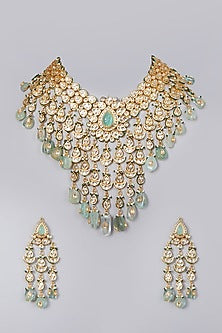 Gold Finish Kundan Polki & Pastel Green Beaded Choker Necklace Set