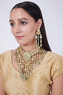Gold Finish Kundan Polki & Pastel Green Beaded Choker Necklace Set