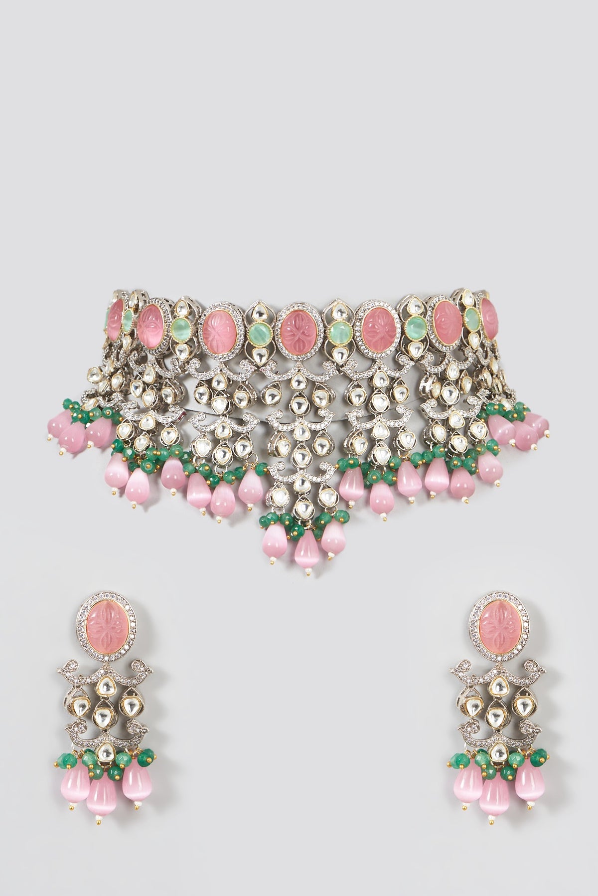 Two Tone Finish Kundan Polki & Pink Synthetic Beaded Necklace Set