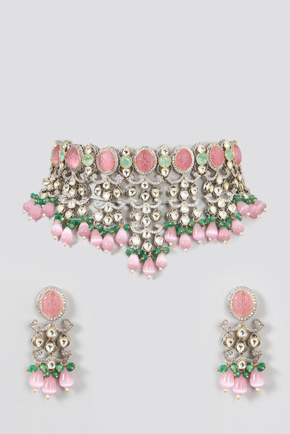 Two Tone Finish Kundan Polki & Pink Synthetic Beaded Necklace Set