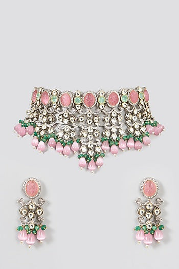 Two Tone Finish Kundan Polki & Pink Synthetic Beaded Necklace Set