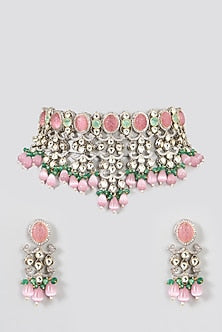 Two Tone Finish Kundan Polki & Pink Synthetic Beaded Necklace Set