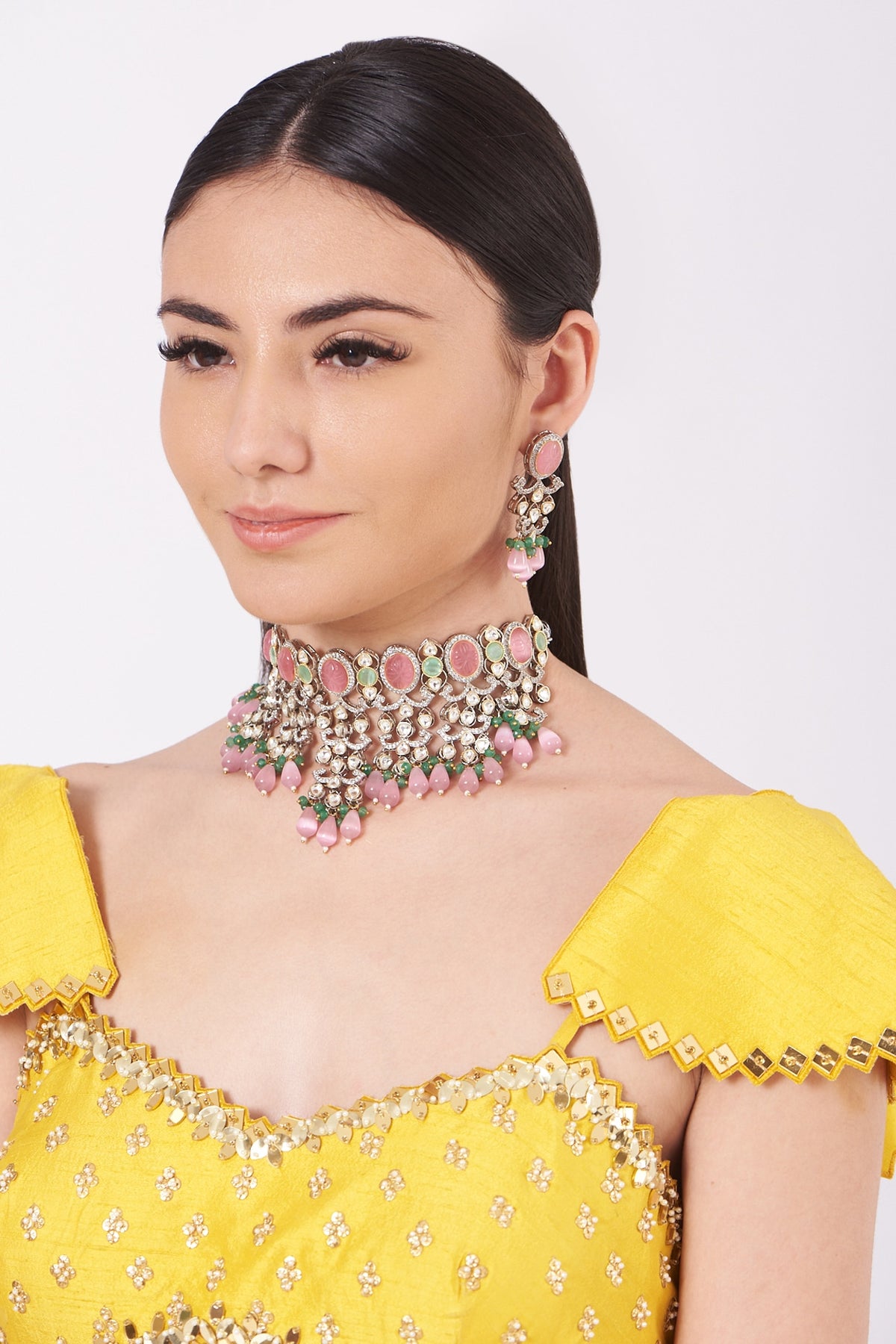 Two Tone Finish Kundan Polki & Pink Synthetic Beaded Necklace Set