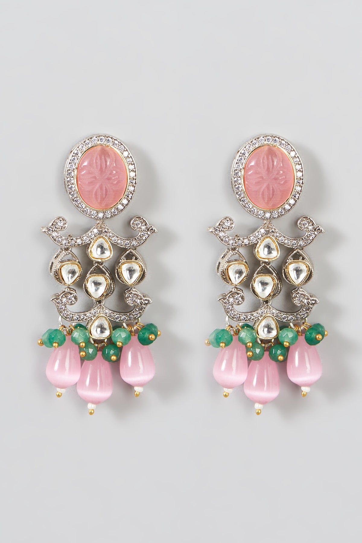 Two Tone Finish Kundan Polki & Pink Synthetic Beaded Necklace Set