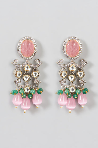 Two Tone Finish Kundan Polki & Pink Synthetic Beaded Necklace Set