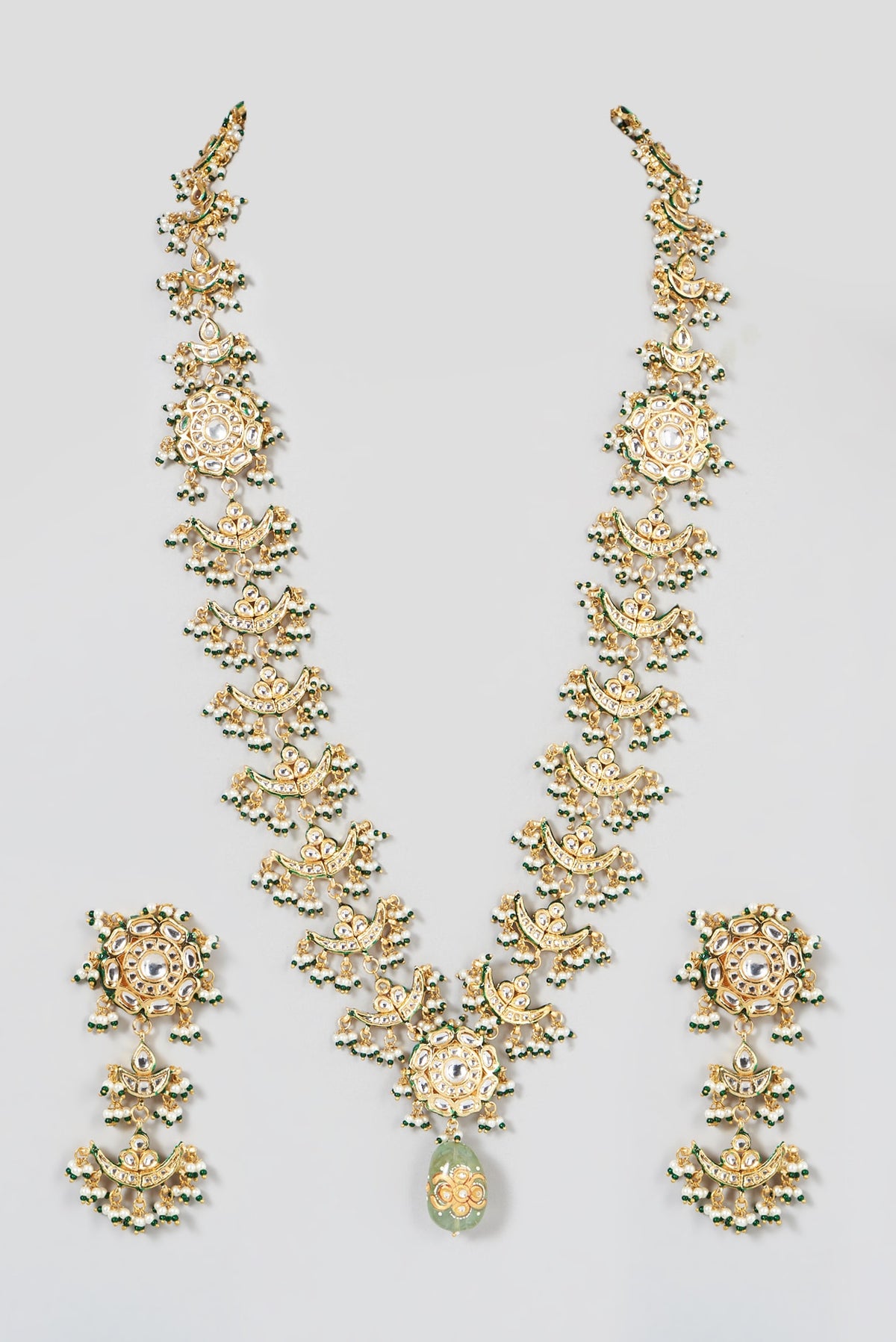 Gold Finish Kundan Polki Long Necklace Set