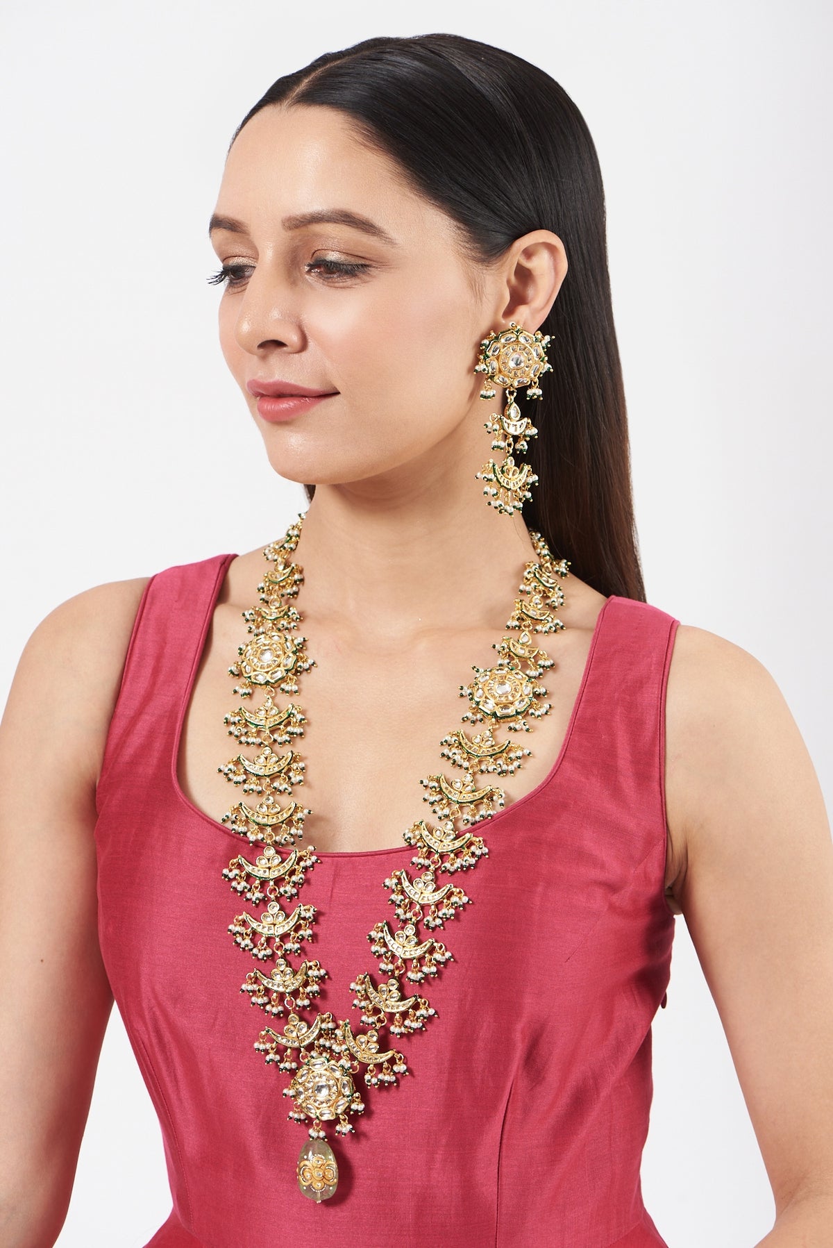 Gold Finish Kundan Polki Long Necklace Set