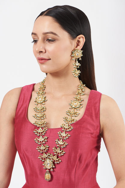 Gold Finish Kundan Polki Long Necklace Set