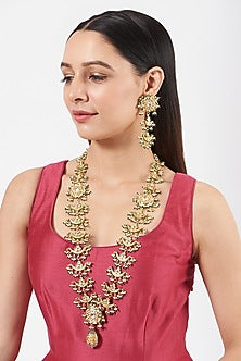 Gold Finish Kundan Polki Long Necklace Set