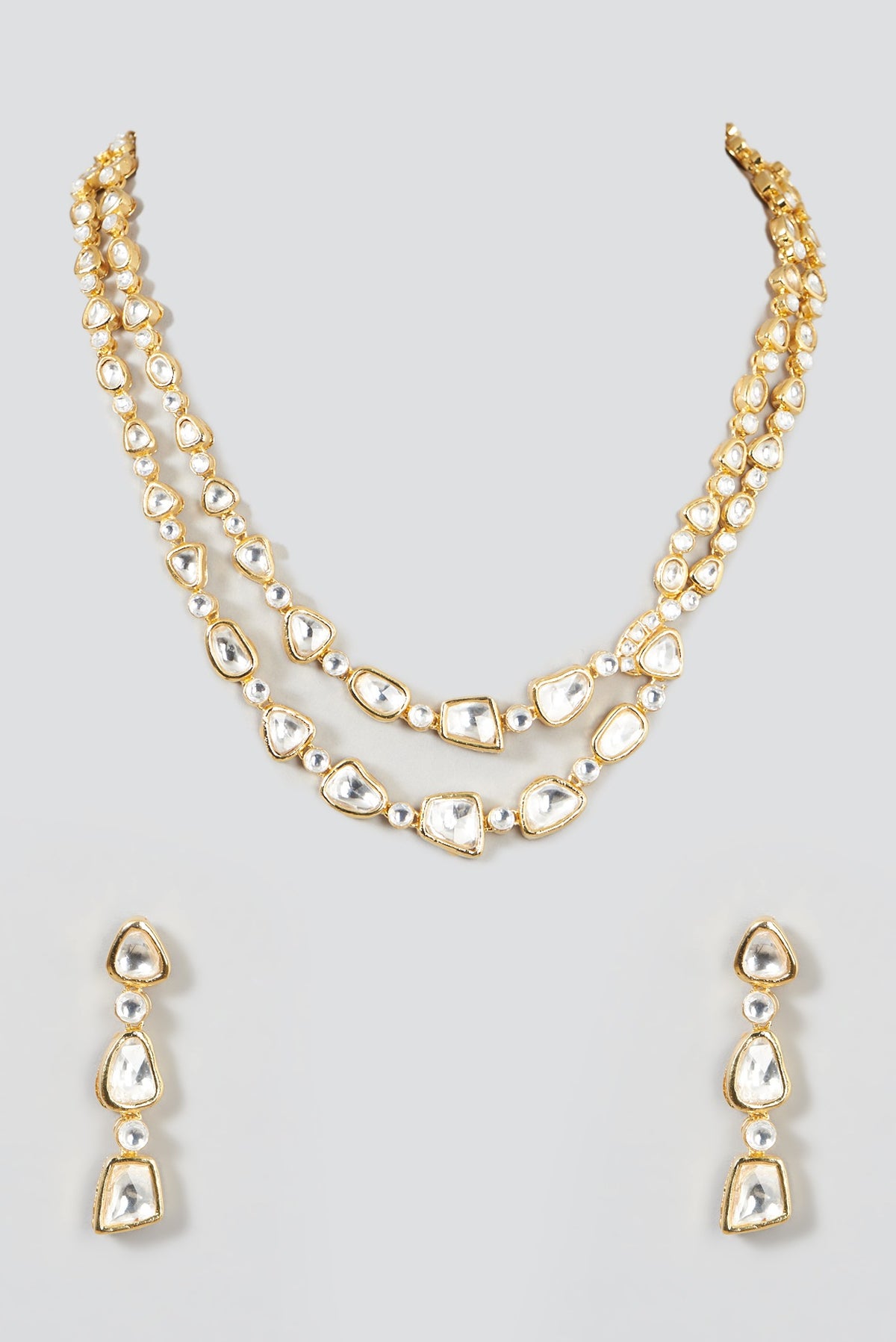 Gold Finish Kundan Polki Layered Necklace Set