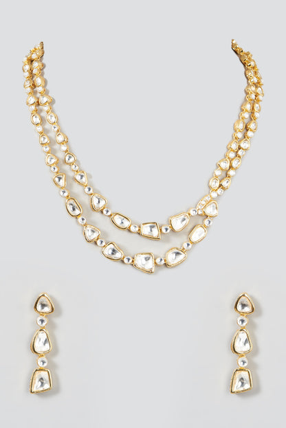 Gold Finish Kundan Polki Layered Necklace Set