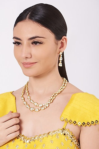 Gold Finish Kundan Polki Layered Necklace Set