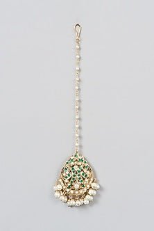 Gold Finish Kundan Polki & Pearl Drop Maang Tikka