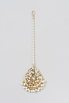 Gold Finish Kundan Polki & Pearl Drop Maangtikka