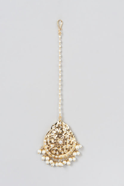Gold Finish Kundan Polki & Pearl Drop Maangtikka