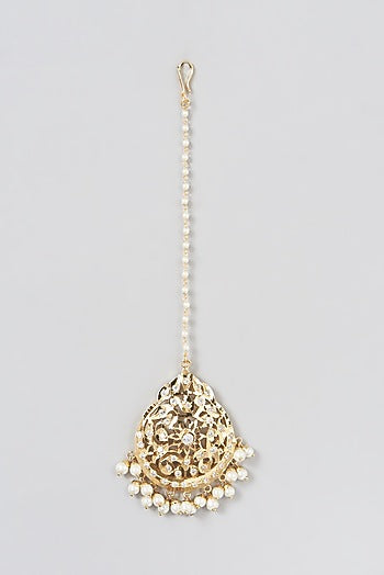Gold Finish Kundan Polki & Pearl Drop Maangtikka