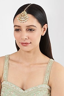 Gold Finish Kundan Polki & Pearl Drop Maangtikka