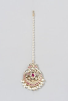 Gold Finish Kundan Polki & Pearl Drop Maang Tikka