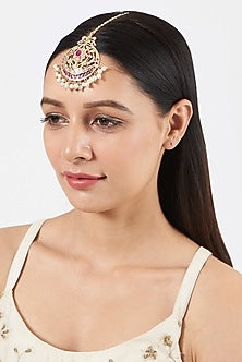 Gold Finish Kundan Polki & Pearl Drop Maang Tikka