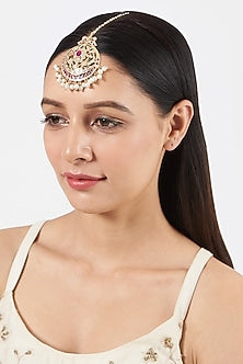 Gold Finish Kundan Polki & Pearl Drop Maang Tikka