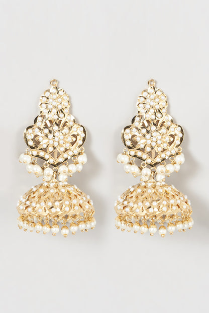 Gold Finish Kundan Polki & Beaded Jhumka Earrings