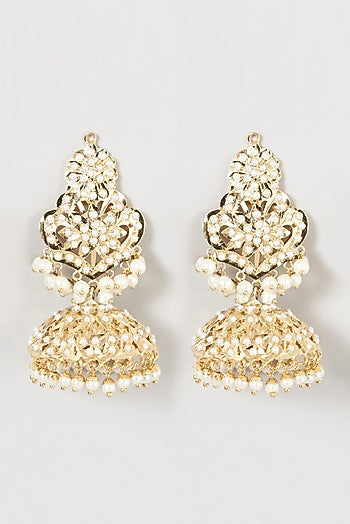 Gold Finish Kundan Polki & Beaded Jhumka Earrings