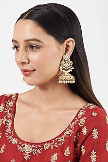 Gold Finish Kundan Polki & Beaded Jhumka Earrings